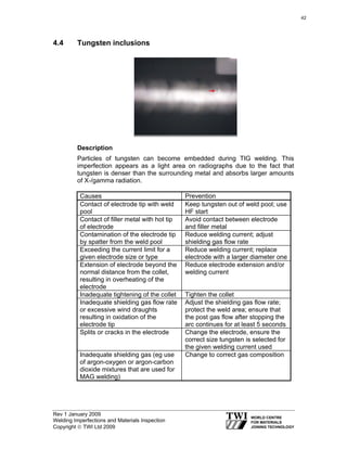 Rev 1 January 2009
Welding Imperfections and Materials Inspection
Copyright © TWI Ltd 2009
4.4 Tungsten inclusions
Description
Particles of tungsten can become embedded during TIG welding. This
imperfection appears as a light area on radiographs due to the fact that
tungsten is denser than the surrounding metal and absorbs larger amounts
of X-/gamma radiation.
Causes Prevention
Contact of electrode tip with weld
pool
Keep tungsten out of weld pool; use
HF start
Contact of filler metal with hot tip
of electrode
Avoid contact between electrode
and filler metal
Contamination of the electrode tip
by spatter from the weld pool
Reduce welding current; adjust
shielding gas flow rate
Exceeding the current limit for a
given electrode size or type
Reduce welding current; replace
electrode with a larger diameter one
Extension of electrode beyond the
normal distance from the collet,
resulting in overheating of the
electrode
Reduce electrode extension and/or
welding current
Inadequate tightening of the collet Tighten the collet
Inadequate shielding gas flow rate
or excessive wind draughts
resulting in oxidation of the
electrode tip
Adjust the shielding gas flow rate;
protect the weld area; ensure that
the post gas flow after stopping the
arc continues for at least 5 seconds
Splits or cracks in the electrode Change the electrode, ensure the
correct size tungsten is selected for
the given welding current used
Inadequate shielding gas (eg use
of argon-oxygen or argon-carbon
dioxide mixtures that are used for
MAG welding)
Change to correct gas composition
42
 