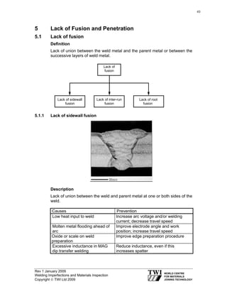 Rev 1 January 2009
Welding Imperfections and Materials Inspection
Copyright © TWI Ltd 2009
5 Lack of Fusion and Penetration
5.1 Lack of fusion
Definition
Lack of union between the weld metal and the parent metal or between the
successive layers of weld metal.
5.1.1 Lack of sidewall fusion
Description
Lack of union between the weld and parent metal at one or both sides of the
weld.
Causes Prevention
Low heat input to weld Increase arc voltage and/or welding
current; decrease travel speed
Molten metal flooding ahead of
arc
Improve electrode angle and work
position; increase travel speed
Oxide or scale on weld
preparation
Improve edge preparation procedure
Excessive inductance in MAG
dip transfer welding
Reduce inductance, even if this
increases spatter
Lack of
fusion
Lack of sidewall
fusion
Lack of inter-run
fusion
Lack of root
fusion
43
 
