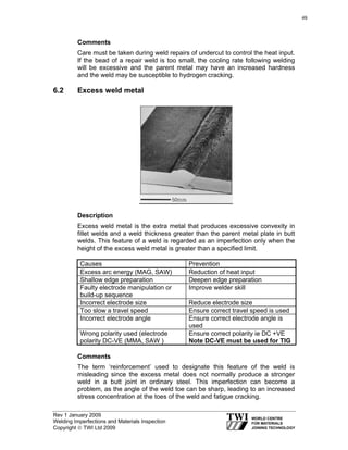 Rev 1 January 2009
Welding Imperfections and Materials Inspection
Copyright © TWI Ltd 2009
Comments
Care must be taken during weld repairs of undercut to control the heat input.
If the bead of a repair weld is too small, the cooling rate following welding
will be excessive and the parent metal may have an increased hardness
and the weld may be susceptible to hydrogen cracking.
6.2 Excess weld metal
Description
Excess weld metal is the extra metal that produces excessive convexity in
fillet welds and a weld thickness greater than the parent metal plate in butt
welds. This feature of a weld is regarded as an imperfection only when the
height of the excess weld metal is greater than a specified limit.
Causes Prevention
Excess arc energy (MAG, SAW) Reduction of heat input
Shallow edge preparation Deepen edge preparation
Faulty electrode manipulation or
build-up sequence
Improve welder skill
Incorrect electrode size Reduce electrode size
Too slow a travel speed Ensure correct travel speed is used
Incorrect electrode angle Ensure correct electrode angle is
used
Wrong polarity used (electrode
polarity DC-VE (MMA, SAW )
Ensure correct polarity ie DC +VE
Note DC-VE must be used for TIG
Comments
The term ‘reinforcement’ used to designate this feature of the weld is
misleading since the excess metal does not normally produce a stronger
weld in a butt joint in ordinary steel. This imperfection can become a
problem, as the angle of the weld toe can be sharp, leading to an increased
stress concentration at the toes of the weld and fatigue cracking.
49
 