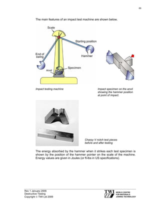 Rev 1 January 2009
Destructive Testing
Copyright © TWI Ltd 2009
The main features of an impact test machine are shown below.
Impact testing machine Impact specimen on the anvil
showing the hammer position
at point of impact.
The energy absorbed by the hammer when it strikes each test specimen is
shown by the position of the hammer pointer on the scale of the machine.
Energy values are given in Joules (or ft-lbs in US specifications).
Charpy V notch test pieces
before and after testing
69
 