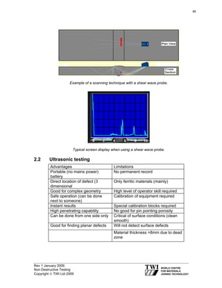 Rev 1 January 2009
Non Destructive Testing
Copyright © TWI Ltd 2009
Example of a scanning technique with a shear wave probe.
Typical screen display when using a shear wave probe.
2.2 Ultrasonic testing
Advantages Limitations
Portable (no mains power)
battery
No permanent record
Direct location of defect (3
dimensional
Only ferritic materials (mainly)
Good for complex geometry High level of operator skill required
Safe operation (can be done
next to someone)
Calibration of equipment required
Instant results Special calibration blocks required
High penetrating capability No good for pin pointing porosity
Can be done from one side only Critical of surface conditions (clean
smooth)
Good for finding planar defects Will not detect surface defects
Material thickness >8mm due to dead
zone
88
 