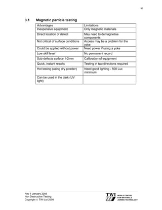 Rev 1 January 2009
Non Destructive Testing
Copyright © TWI Ltd 2009
3.1 Magnetic particle testing
Advantages Limitations
Inexpensive equipment Only magnetic materials
Direct location of defect May need to demagnetise
components
Not critical of surface conditions Access may be a problem for the
yoke
Could be applied without power Need power if using a yoke
Low skill level No permanent record
Sub-defects surface 1-2mm Calibration of equipment
Quick, instant results Testing in two directions required
Hot testing (using dry powder) Need good lighting - 500 Lux
minimum
Can be used in the dark (UV
light)
90
 
