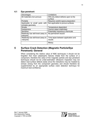 Rev 1 January 2009
Non Destructive Testing
Copyright © TWI Ltd 2009
4.1 Dye penetrant
Advantages Limitations
All materials (non porous) Will only detect defects open to the
surface
Portable Requires careful space preparation
Applicable to small parts with
complex geometry
Not applicable to porous surfaces
Simple Temperature dependant
Inexpensive Cannot retest indefinitely
Sensitive Potentially hazardous chemicals
Relatively low skill level (easy to
interpret)
No permanent record
Relatively low skill level (easy to
interpret)
Time lapse between application and
results
Messy
5 Surface Crack Detection (Magnetic Particle/Dye
Penetrant): General
When considering the relative value of NDE techniques it should not be
forgotten that most catastrophic failures initiate from the surface of a
component, therefore the value of the magnetic particle and dye penetrant
techniques should not be under-estimated. Ultrasonic inspection may not
detect near-surface defects easily since the indications may be masked by
echoes arising from the component geometry and should therefore be
supplemented by an appropriate surface crack detection technique for
maximum test confidence.
92
 