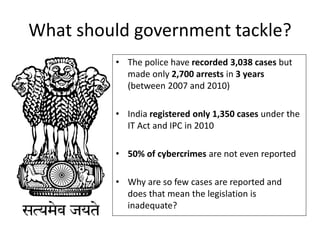 What should government tackle?
• The police have recorded 3,038 cases but
made only 2,700 arrests in 3 years
(between 2007 and 2010)
• India registered only 1,350 cases under the
IT Act and IPC in 2010
• 50% of cybercrimes are not even reported
• Why are so few cases are reported and
does that mean the legislation is
inadequate?
 