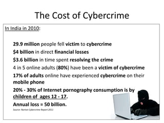 The Cost of Cybercrime
In India in 2010:
29.9 million people fell victim to cybercrime
$4 billion in direct financial losses
$3.6 billion in time spent resolving the crime
4 in 5 online adults (80%) have been a victim of cybercrime
17% of adults online have experienced cybercrime on their
mobile phone
20% - 30% of Internet pornography consumption is by
children of ages 12 - 17.
Annual loss = 50 billion.
Source: Norton Cybercrime Report 2011
 