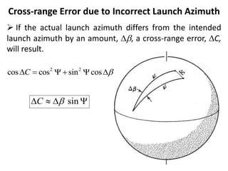 Cross-range Error due to Incorrect Launch Azimuth
 If the actual launch azimuth differs from the intended
launch azimuth by an amount, Db, a cross-range error, DC,
will result.
2 2
cos cos sin cos
C b
D     D
sin
C b
D  D 
 