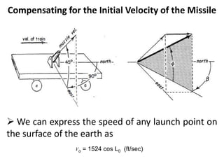 Compensating for the Initial Velocity of the Missile
 We can express the speed of any launch point on
the surface of the earth as
Vo = 1524 cos L0 (ft/sec)
 