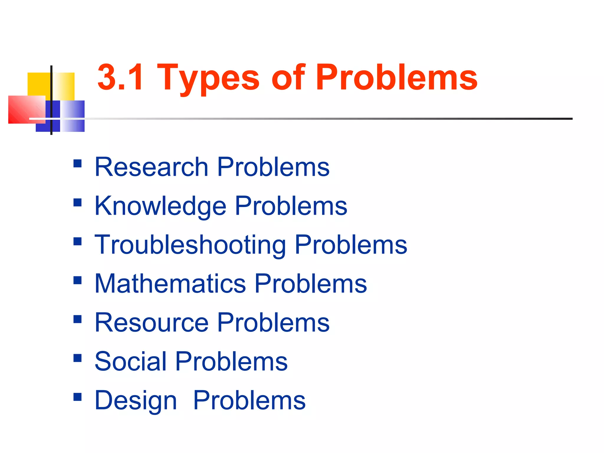 3.1 Types of Problems
 Research Problems
 Knowledge Problems
 Troubleshooting Problems
 Mathematics Problems
 Resource Problems
 Social Problems
 Design Problems
 