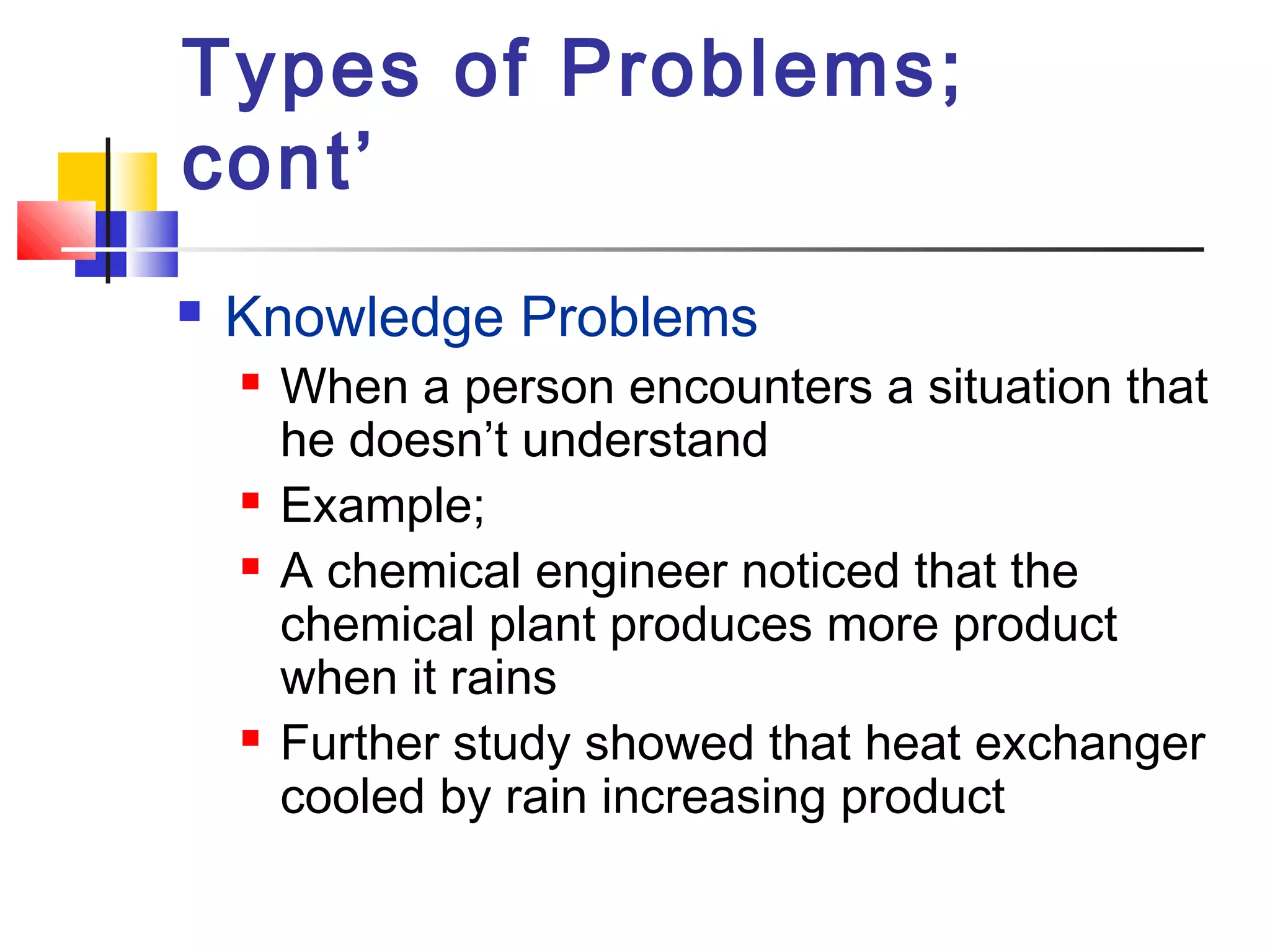 Types of Problems;
cont’
 Knowledge Problems
 When a person encounters a situation that
he doesn’t understand
 Example;
 A chemical engineer noticed that the
chemical plant produces more product
when it rains
 Further study showed that heat exchanger
cooled by rain increasing product
 