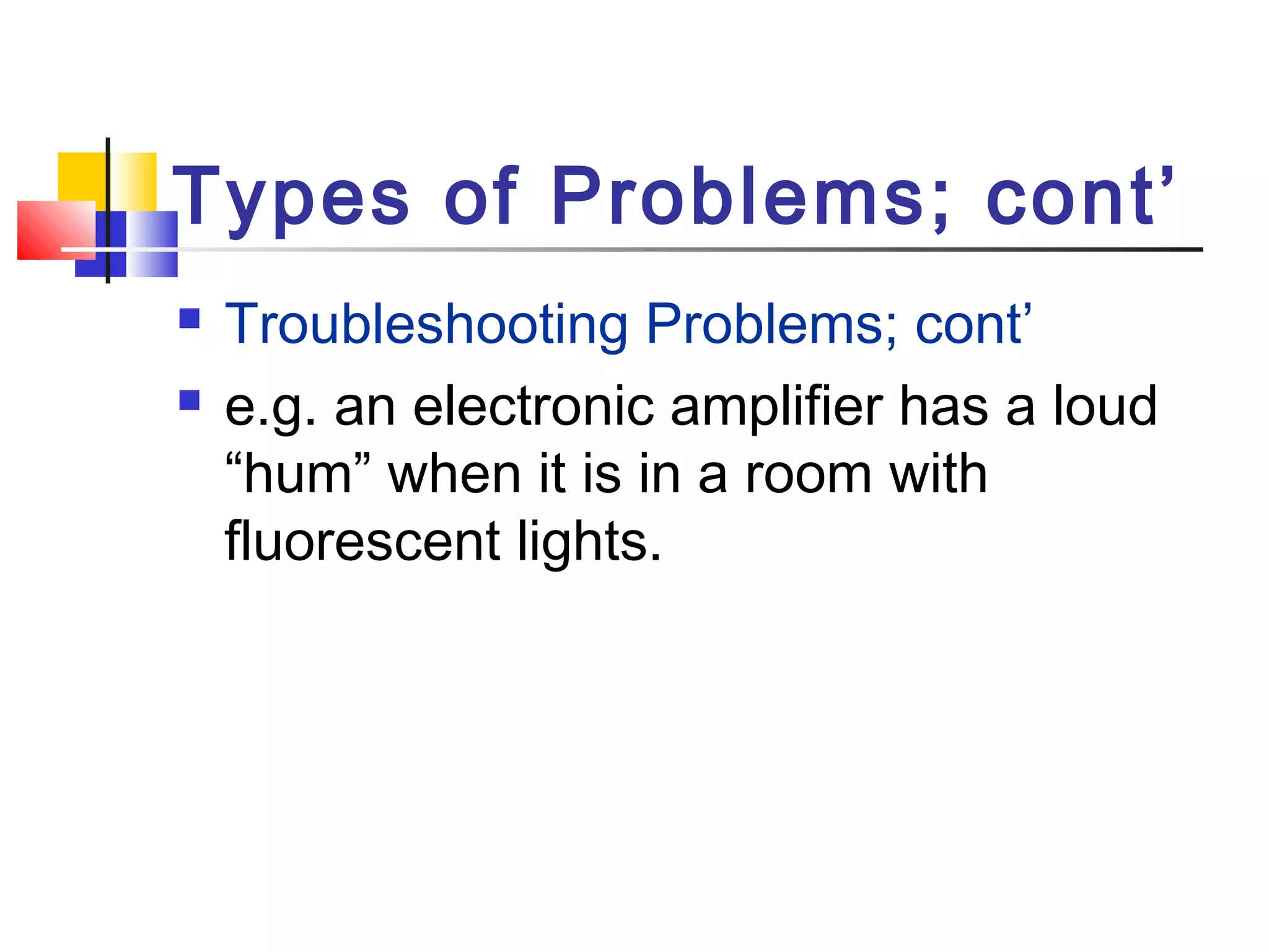 Types of Problems; cont’
 Troubleshooting Problems; cont’
 e.g. an electronic amplifier has a loud
“hum” when it is in a room with
fluorescent lights.
 