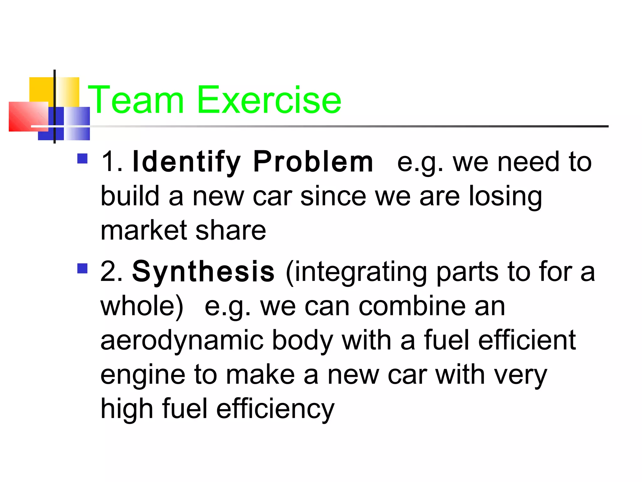 Team Exercise
 1. Identify Problem e.g. we need to
build a new car since we are losing
market share
 2. Synthesis (integrating parts to for a
whole) e.g. we can combine an
aerodynamic body with a fuel efficient
engine to make a new car with very
high fuel efficiency
 