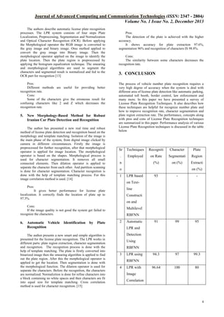 Journal of Advanced Computing and Communication Technologies (ISSN: 2347 - 2804)
Volume No. 1 Issue No. 2, December 2013
The authors describe automatic license plate recognition
processes. The LPR system consists of four steps Plate
Localization, Preprocessing, Segmentation and Normalization
and Optical Character Recognition (OCR). Before applying
the Morphological operator the RGB image is converted to
the gray image and binary image. Otsu method applied to
convert the gray image into Binary image. Then the
morphological operator applied on the image to identify the
plate location. Then the plate region is preprocessed by
applying the histogram equalization technique. The smearing
and morphological algorithms are used to segment the
characters and segmented result is normalized and fed to the
OCR part for recognition [13]
Pros:
Different methods are useful for providing better
recognition rate.
Cons:
Some of the characters give the erroneous result for
confusing characters like 2 and Z which decreases the
recognition rate.

5.

New Morphology-Based Method for Robust
Iranian Car Plate Detection and Recognition

The author has presented a new real time and robust
method of license plate detection and recognition based on the
morphology and template matching. Isolation of the image is
the main phase of the system, from digital image clicked by
camera in different circumstances. Firstly the image is
preprocessed for further recognition, after that morphological
operator is applied for image location. The morphological
operator is based on the shapes. Morphological process is
used for character segmentation. It removes all small
connected elements. Then dilation operator is applied to
separate the character from each other. And partition scanning
is done for character segmentation. Character recognition is
done with the help of template matching process. For this
image correlation method is used. [14]

Pros:
The detection of the plate is achieved with the higher
accuracy.
It shows accuracy for plate extraction 97.6%,
segmentation 96% and recognition of characters IS 98.8%.
Cons:
The similarity between some characters decreases the
recognition rate.

3. CONCLUSION
The process of vehicle number plate recognition requires a
very high degree of accuracy when the system is deal with
different area of license plate detection like automatic parking,
automated toll booth, border control, law enforcement and
many more. In this paper we have presented a survey of
License Plate Recognition Techniques. It also describes how
these techniques are helpful for recognize number plate and
how to improve recognition rate, character segmentation and
plate region extraction rate. The performance, concepts along
with pros and cons of License Plate Recognition techniques
are summarized in this paper. Performance analysis of various
License Plate Recognition techniques is discussed in the table
below

Sr

Techniques

Recogniti

Character

Plate

.

Employed

on Rate

Segmentati

Region

(%)

on (%)

Extracti

n
o
1

on (%)
LPR based

93

-

-

91

99

95

94.3

97

99.3

96.64

100

80

on TextPros:
It gives better performance for license plate
localization. It correctly finds the location of plate up to
97.3%.

line
Constructi
on and

Cons:
If the image quality is not good the system get failed to
recognize the characters.

6.

Automatic Vehicle
Recognition

Identification

by

Plate

The author presents a new smart and simple algorithm is
presented for the license plate recognition. The LPR works in
different parts: plate region extraction, character segmentation
and recognition. The recognition process is done with the
help of template matching. The plate is firstly converted into
binarized image then the smearing algorithm is applied to find
out the plate region. After this the morphological operator is
applied to get the location. Then segmentation is done with
the morphological function. The dilation operator is used for
separate the characters. Before the recognition, the characters
are normalized. Normaliztion is done for refine characters into
a block containing no white spaces and then characters are fit
into equal size for template matching. Cross correlation
method is used for character recognition. [15]

Multilevel
RBFNN
2

Automatic
LPR and
Detection
Using
RBFNN

3

LPR using
RBFNN

4

LPR with
Image
Correlation

4

 