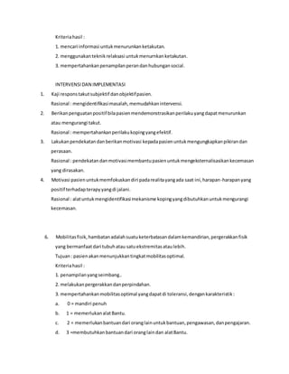 Kriteriahasil :
1. mencari informasi untukmenurunkanketakutan.
2. menggunakanteknikrelaksasi untukmenurnkanketakutan.
3. mempertahankanpenampilanperandanhubungansocial.
INTERVENSIDAN IMPLEMENTASI
1. Kaji responstakutsubjektif danobjektifpasien.
Rasional : mengidentifikasimasalah,memudahkanintervensi.
2. Berikanpenguatanpositif bilapasienmendemonstrasikanperilakuyangdapatmenurunkan
atau mengurangi takut.
Rasional : mempertahankanperilakukopingyangefektif.
3. Lakukanpendekatandanberikanmotivasi kepadapasienuntukmengungkapkanpikirandan
perasaan.
Rasional : pendekatandanmotivasimembantupasienuntukmengeksternalisasikankecemasan
yang dirasakan.
4. Motivasi pasienuntukmemfokuskandiri padarealitayangada saat ini,harapan-harapanyang
positif terhadapterapyyangdi jalani.
Rasional : alatuntukmengidentifikasi mekanisme kopingyangdibutuhkanuntukmengurangi
kecemasan.
6. Mobilitasfisik,hambatanadalahsuatuketerbatasandalamkemandirian,pergerakkanfisik
yang bermanfaatdari tubuhatau satuekstremitasataulebih.
Tujuan: pasienakanmenunjukkantingkatmobilitasoptimal.
Kriteriahasil :
1. penampilanyangseimbang..
2. melakukanpergerakkandanperpindahan.
3. mempertahankanmobilitasoptimal yangdapatdi toleransi,dengankarakteristik:
a. 0 = mandiri penuh
b. 1 = memerlukanalatBantu.
c. 2 = memerlukanbantuandari oranglainuntukbantuan,pengawasan,danpengajaran.
d. 3 =membutuhkanbantuandari oranglaindan alatBantu.
 