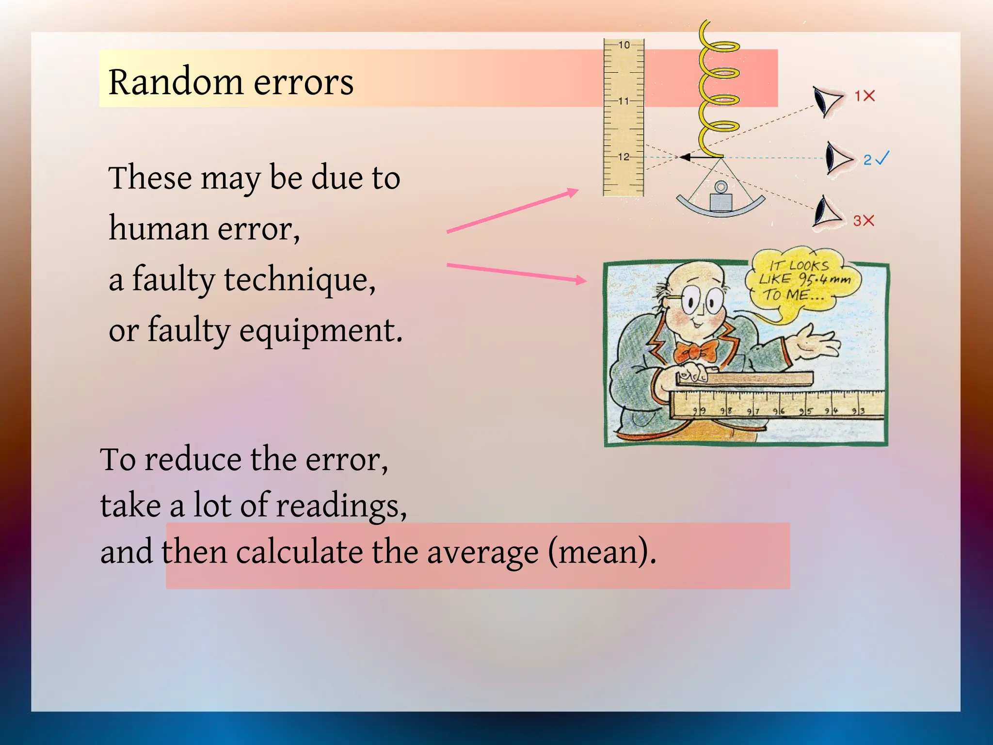 Random errors
These may be due to
human error,
a faulty technique,
or faulty equipment.
To reduce the error,
take a lot of readings,
and then calculate the average (mean).
 