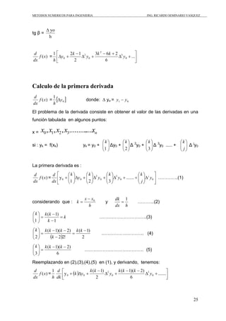 METODOS NUMERICOS PARA INGENIERIA                                     ING. RICARDO SEMINARIO VASQUEZ



         Δ yo
tg β =
          h


d           1⎡        2k − 1 2     3k 2 − 6k + 2 3         ⎤
   f ( x ) = ⎢ Δy 0 +       Δ y0 +              Δ y 0 + ...⎥
dx          h⎣          2                6                 ⎦




Calculo de la primera derivada
           1
   f ( x) = [Δy 0 ]
d
                                donde: ∆ yo = y1 − y 0
dx         h
El problema de la derivada consiste en obtener el valor de las derivadas en una
función tabulada en algunos puntos:

x=   x0 , x1, x2 , x3.......... xn
                             .....
                                         ⎛k ⎞          ⎛k ⎞ 2         ⎛k ⎞ 3             ⎛k ⎞ j
si : yk = f(xk)                yk = y0 + ⎜ ⎟ Δy0 +
                                         ⎜1 ⎟          ⎜ ⎟ Δ y0 +
                                                       ⎜2⎟            ⎜ ⎟ Δ y0 ..... +
                                                                      ⎜3 ⎟               ⎜ ⎟ Δ y0
                                                                                         ⎜ j⎟
                                         ⎝ ⎠           ⎝ ⎠            ⎝ ⎠                ⎝ ⎠


La primera derivada es :
d          d ⎡      ⎛k ⎞      ⎛k ⎞        ⎛k ⎞                  ⎛k ⎞       ⎤
   f ( x) = ⎢ y 0 + ⎜ ⎟Δy 0 + ⎜ ⎟Δ2 y 0 + ⎜ ⎟Δ3 y 0 + ....... + ⎜ ⎟Δ j y 0 ⎥ ………….(1)
                    ⎜1 ⎟      ⎜2⎟         ⎜3 ⎟                  ⎜ j⎟
dx         dx ⎣     ⎝ ⎠       ⎝ ⎠         ⎝ ⎠                   ⎝ ⎠        ⎦


                                x − x0             dk 1
considerando que : k =                       y       =           ………..(2)
                                  h                dx h
⎛ k ⎞ k (k − 1)
⎜ ⎟=
⎜1 ⎟            =k                       ………………………….(3)
⎝ ⎠     k −1

⎛ k ⎞ k (k − 1)(k − 2) k (k − 1)
⎜2⎟ =
⎜ ⎟
          (k − 2)2!
                      =
                           2
                                          ………………………. (4)
⎝ ⎠
⎛ k ⎞ k (k − 1)(k − 2)
⎜ ⎟=
⎜3 ⎟                           ………………………………… (5)
⎝ ⎠           6
Reemplazando en (2),(3),(4),(5) en (1), y derivando, tenemos:
            1 d ⎡                   k (k − 1) 2     k (k − 1)(k − 2) 3             ⎤
                 ⎢ y 0 + (k )Δy 0 +
d
   f ( x) =                                  Δ y0 +                 Δ y 0 + .......⎥
dx          h dk ⎣                      2                   6                      ⎦



                                                                                                25
 