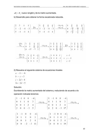 METODOS NUMERICOS PARA INGENIERIA                         ING. RICARDO SEMINARIO VASQUEZ




aRi + R j nuevo renglón j de la matriz aumentada.

b) Desarrollo para obtener la forma escalonada reducida.




2) Resuelva el siguiente sistema de ecuaciones lineales




Solución.
Escribiendo la matriz aumentada del sistema y reduciendo de acuerdo a la
operación indicada tenemos:




                                                                                    45
 