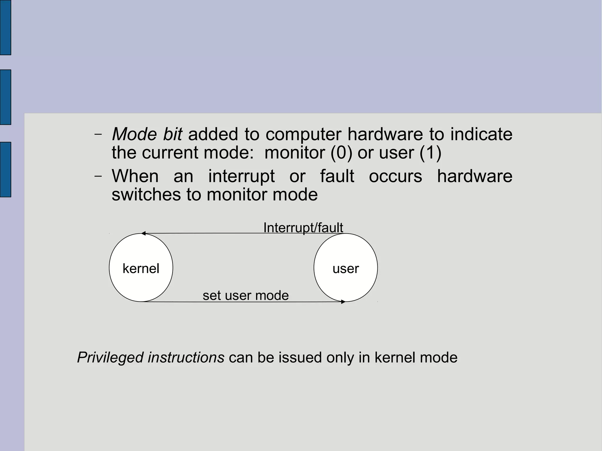 − Mode bit added to computer hardware to indicate
the current mode: monitor (0) or user (1)
− When an interrupt or fault occurs hardware
switches to monitor mode
kernel user
set user mode
Privileged instructions can be issued only in kernel mode
Interrupt/fault
 