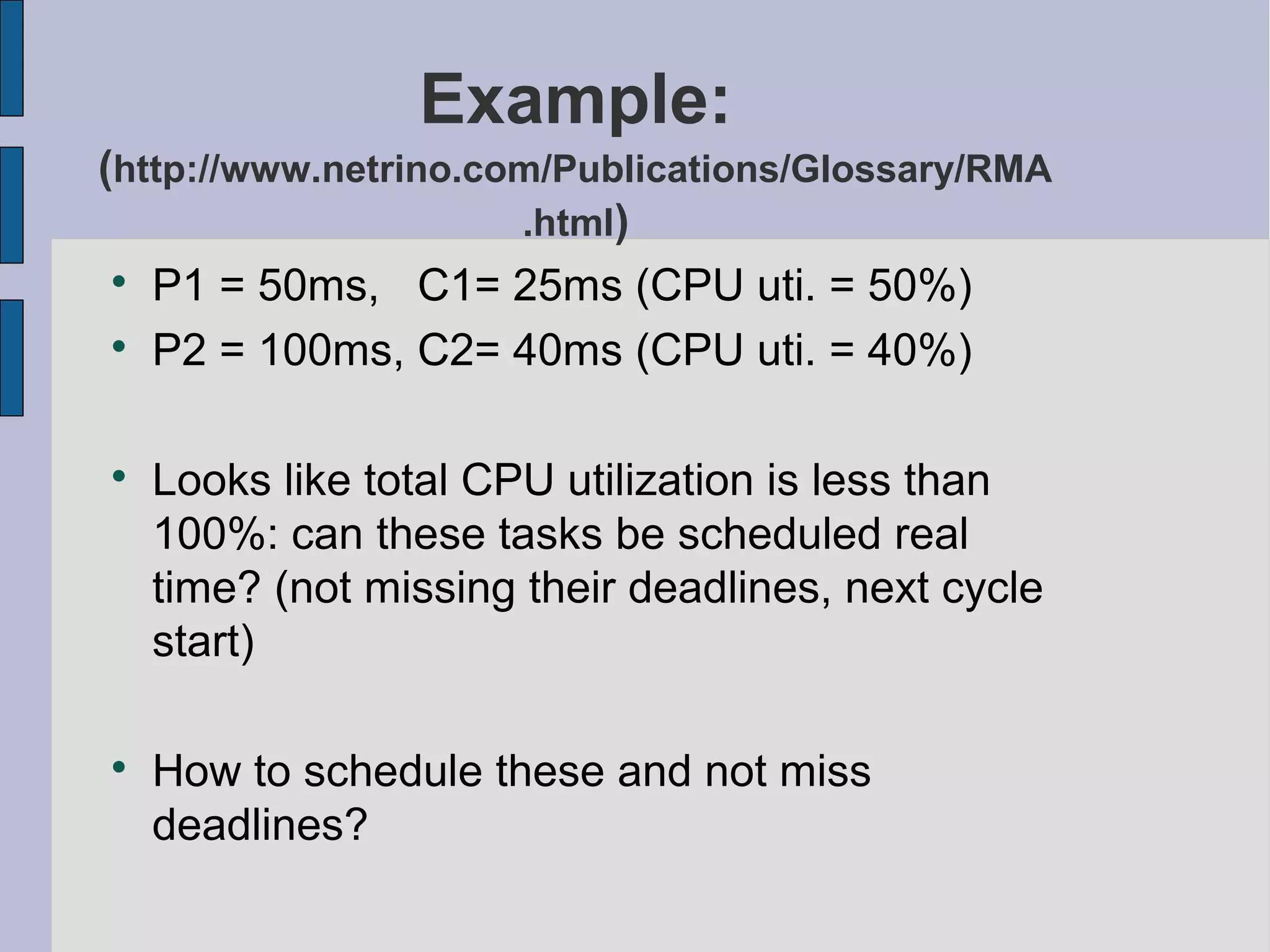 Example:
(http://www.netrino.com/Publications/Glossary/RMA
.html)

P1 = 50ms, C1= 25ms (CPU uti. = 50%)

P2 = 100ms, C2= 40ms (CPU uti. = 40%)

Looks like total CPU utilization is less than
100%: can these tasks be scheduled real
time? (not missing their deadlines, next cycle
start)

How to schedule these and not miss
deadlines?
 