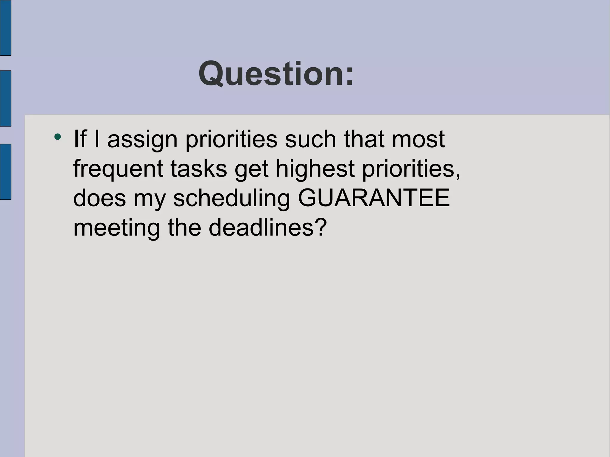 Question:

If I assign priorities such that most
frequent tasks get highest priorities,
does my scheduling GUARANTEE
meeting the deadlines?
 