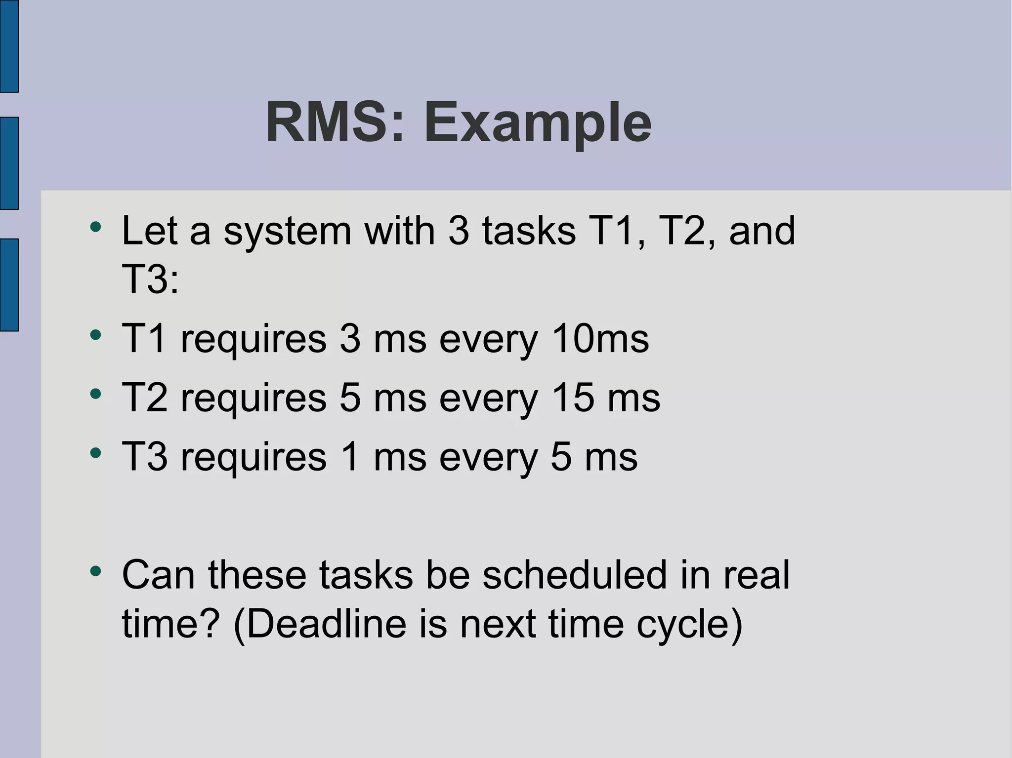 RMS: Example

Let a system with 3 tasks T1, T2, and
T3:

T1 requires 3 ms every 10ms

T2 requires 5 ms every 15 ms

T3 requires 1 ms every 5 ms

Can these tasks be scheduled in real
time? (Deadline is next time cycle)
 