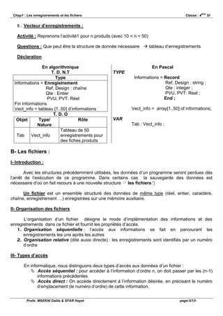 ème
 Chap1 : Les enregistrements et les fichiers                                            Classe : 4         SI


   5. Vecteur d’enregistrements :

   Activité : Reprenons l’activité1 pour n produits (avec 10 < n < 50)

   Questions : Que peut être la structure de donnée nécessaire  tableau d’enregistrements

   Déclaration

                En algorithmique                                         En Pascal
                     T. D. N.T                     TYPE
                       Type                                   Informations = Record
  Informations = Enregistrement                                              Ref, Design : string ;
                  Ref, Design : chaîne                                       Qte : integer ;
                  Qte : Entier                                               PVU, PVT: Real ;
                   PVU, PVT: Réel                                            End ;
  Fin Informations
  Vect_info = tableau [1..50] d’informations                 Vect_info = array[1..50] of informations;
                      T. D. O
   Objet      Type/                 Rôle           VAR
             Nature                                          Tab : Vect_info ;
                          Tableau de 50
   Tab     Vect_info      enregistrements pour
                          des fiches produits

B- Les fichiers :
I- Introduction :

        Avec les structures précédemment utilisées, les données d’un programme seront perdues dès
l’arrêt de l’exécution de ce programme. Dans certains cas la sauvegarde des données est
nécessaire d’où on fait recours à une nouvelle structure  les fichiers

      Un fichier est un ensemble structuré des données de même type (réel, entier, caractère,
chaîne, enregistrement …) enregistrées sur une mémoire auxiliaire.

II- Organisation des fichiers

      L‘organisation d’un fichier désigne le mode d’implémentation des informations et des
enregistrements dans ce fichier et fournit les propriétés d’accès.
   1. Organisation séquentielle : l’accès aux informations se fait en parcourant les
      enregistrements les uns après les autres
   2. Organisation relative (dite aussi directe) : les enregistrements sont identifiés par un numéro
      d’ordre

III- Types d’accès

       En informatique, nous distinguons deux types d’accès aux données d’un fichier :
           Accès séquentiel : pour accéder à l’information d’ordre n, on doit passer par les (n-1)
              informations précédentes
           Accès direct : On accède directement à l’information désirée, en précisant le numéro
              d’emplacement (le numéro d’ordre) de cette information.


         Profs: MSEKNI Dalila & SFAR Hayet                                           page-5/13-
 