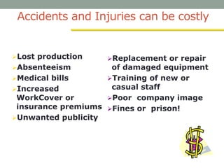 Accidents and Injuries can be costly
Lost production
Absenteeism
Medical bills
Increased
WorkCover or
insurance premiums
Unwanted publicity
Replacement or repair
of damaged equipment
Training of new or
casual staff
Poor company image
Fines or prison!
 