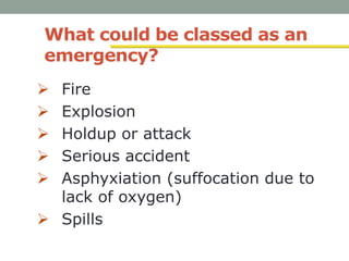 What could be classed as an
emergency?
 Fire
 Explosion
 Holdup or attack
 Serious accident
 Asphyxiation (suffocation due to
lack of oxygen)
 Spills
 
