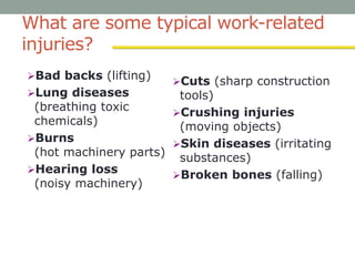 What are some typical work-related
injuries?
Bad backs (lifting)
Lung diseases
(breathing toxic
chemicals)
Burns
(hot machinery parts)
Hearing loss
(noisy machinery)
Cuts (sharp construction
tools)
Crushing injuries
(moving objects)
Skin diseases (irritating
substances)
Broken bones (falling)
 