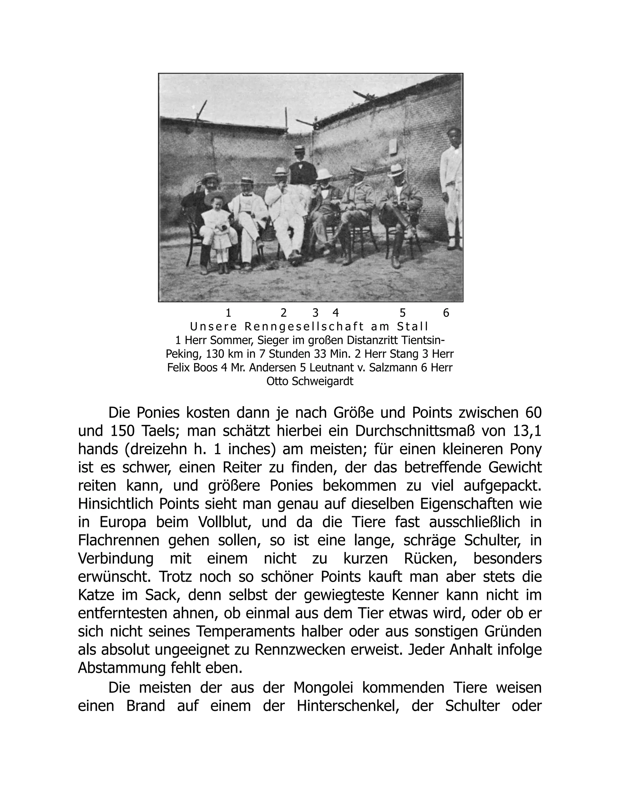 1 2 3 4 5 6
U n s e r e R e n n g e s e l l s c h a f t a m S t a l l
1 Herr Sommer, Sieger im großen Distanzritt Tientsin-
Peking, 130 km in 7 Stunden 33 Min. 2 Herr Stang 3 Herr
Felix Boos 4 Mr. Andersen 5 Leutnant v. Salzmann 6 Herr
Otto Schweigardt
Die Ponies kosten dann je nach Größe und Points zwischen 60
und 150 Taels; man schätzt hierbei ein Durchschnittsmaß von 13,1
hands (dreizehn h. 1 inches) am meisten; für einen kleineren Pony
ist es schwer, einen Reiter zu finden, der das betreffende Gewicht
reiten kann, und größere Ponies bekommen zu viel aufgepackt.
Hinsichtlich Points sieht man genau auf dieselben Eigenschaften wie
in Europa beim Vollblut, und da die Tiere fast ausschließlich in
Flachrennen gehen sollen, so ist eine lange, schräge Schulter, in
Verbindung mit einem nicht zu kurzen Rücken, besonders
erwünscht. Trotz noch so schöner Points kauft man aber stets die
Katze im Sack, denn selbst der gewiegteste Kenner kann nicht im
entferntesten ahnen, ob einmal aus dem Tier etwas wird, oder ob er
sich nicht seines Temperaments halber oder aus sonstigen Gründen
als absolut ungeeignet zu Rennzwecken erweist. Jeder Anhalt infolge
Abstammung fehlt eben.
Die meisten der aus der Mongolei kommenden Tiere weisen
einen Brand auf einem der Hinterschenkel, der Schulter oder
 