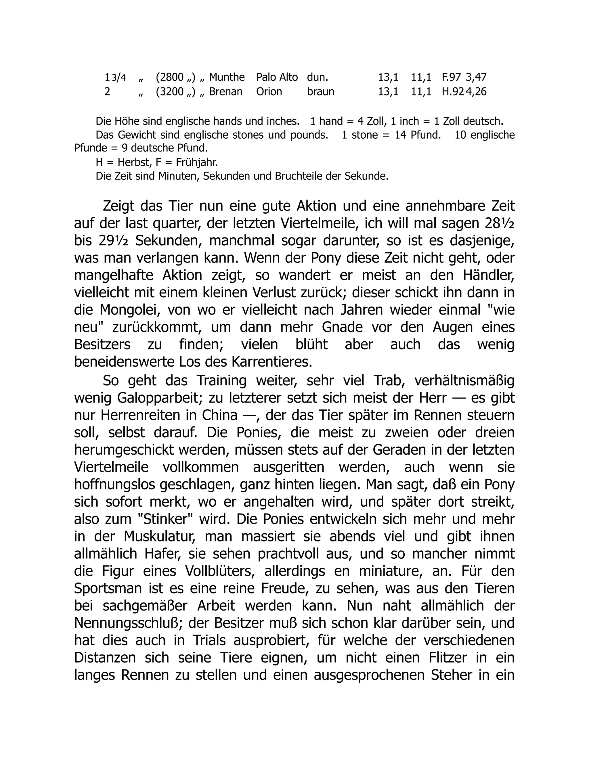 13/4 „ (2800 „) „ Munthe Palo Alto dun. 13,1 11,1 F.97 3,47
2 „ (3200 „) „ Brenan Orion braun 13,1 11,1 H.924,26
Die Höhe sind englische hands und inches. 1 hand = 4 Zoll, 1 inch = 1 Zoll deutsch.
Das Gewicht sind englische stones und pounds. 1 stone = 14 Pfund. 10 englische
Pfunde = 9 deutsche Pfund.
H = Herbst, F = Frühjahr.
Die Zeit sind Minuten, Sekunden und Bruchteile der Sekunde.
Zeigt das Tier nun eine gute Aktion und eine annehmbare Zeit
auf der last quarter, der letzten Viertelmeile, ich will mal sagen 28½
bis 29½ Sekunden, manchmal sogar darunter, so ist es dasjenige,
was man verlangen kann. Wenn der Pony diese Zeit nicht geht, oder
mangelhafte Aktion zeigt, so wandert er meist an den Händler,
vielleicht mit einem kleinen Verlust zurück; dieser schickt ihn dann in
die Mongolei, von wo er vielleicht nach Jahren wieder einmal "wie
neu" zurückkommt, um dann mehr Gnade vor den Augen eines
Besitzers zu finden; vielen blüht aber auch das wenig
beneidenswerte Los des Karrentieres.
So geht das Training weiter, sehr viel Trab, verhältnismäßig
wenig Galopparbeit; zu letzterer setzt sich meist der Herr — es gibt
nur Herrenreiten in China —, der das Tier später im Rennen steuern
soll, selbst darauf. Die Ponies, die meist zu zweien oder dreien
herumgeschickt werden, müssen stets auf der Geraden in der letzten
Viertelmeile vollkommen ausgeritten werden, auch wenn sie
hoffnungslos geschlagen, ganz hinten liegen. Man sagt, daß ein Pony
sich sofort merkt, wo er angehalten wird, und später dort streikt,
also zum "Stinker" wird. Die Ponies entwickeln sich mehr und mehr
in der Muskulatur, man massiert sie abends viel und gibt ihnen
allmählich Hafer, sie sehen prachtvoll aus, und so mancher nimmt
die Figur eines Vollblüters, allerdings en miniature, an. Für den
Sportsman ist es eine reine Freude, zu sehen, was aus den Tieren
bei sachgemäßer Arbeit werden kann. Nun naht allmählich der
Nennungsschluß; der Besitzer muß sich schon klar darüber sein, und
hat dies auch in Trials ausprobiert, für welche der verschiedenen
Distanzen sich seine Tiere eignen, um nicht einen Flitzer in ein
langes Rennen zu stellen und einen ausgesprochenen Steher in ein
 