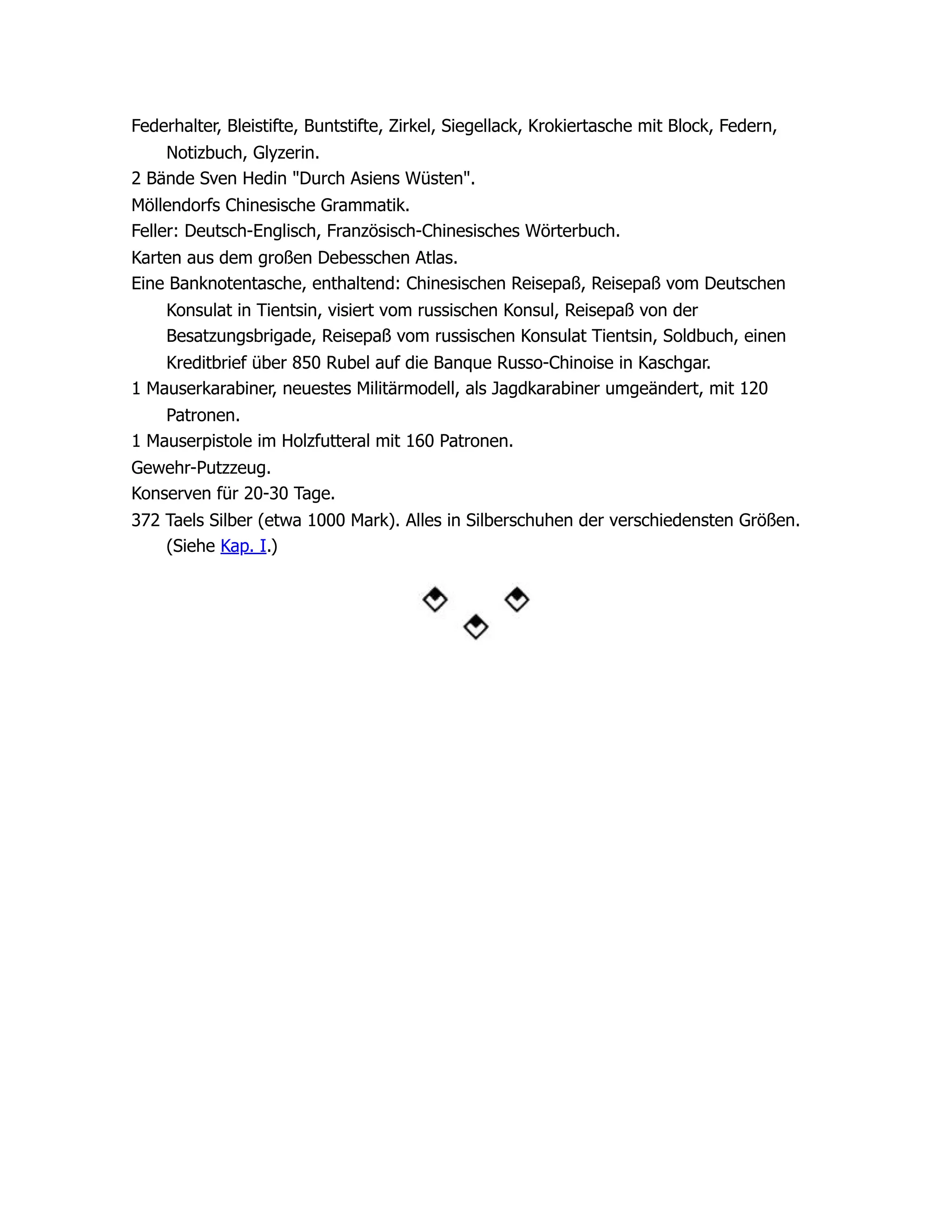 Federhalter, Bleistifte, Buntstifte, Zirkel, Siegellack, Krokiertasche mit Block, Federn,
Notizbuch, Glyzerin.
2 Bände Sven Hedin "Durch Asiens Wüsten".
Möllendorfs Chinesische Grammatik.
Feller: Deutsch-Englisch, Französisch-Chinesisches Wörterbuch.
Karten aus dem großen Debesschen Atlas.
Eine Banknotentasche, enthaltend: Chinesischen Reisepaß, Reisepaß vom Deutschen
Konsulat in Tientsin, visiert vom russischen Konsul, Reisepaß von der
Besatzungsbrigade, Reisepaß vom russischen Konsulat Tientsin, Soldbuch, einen
Kreditbrief über 850 Rubel auf die Banque Russo-Chinoise in Kaschgar.
1 Mauserkarabiner, neuestes Militärmodell, als Jagdkarabiner umgeändert, mit 120
Patronen.
1 Mauserpistole im Holzfutteral mit 160 Patronen.
Gewehr-Putzzeug.
Konserven für 20-30 Tage.
372 Taels Silber (etwa 1000 Mark). Alles in Silberschuhen der verschiedensten Größen.
(Siehe Kap. I.)
 