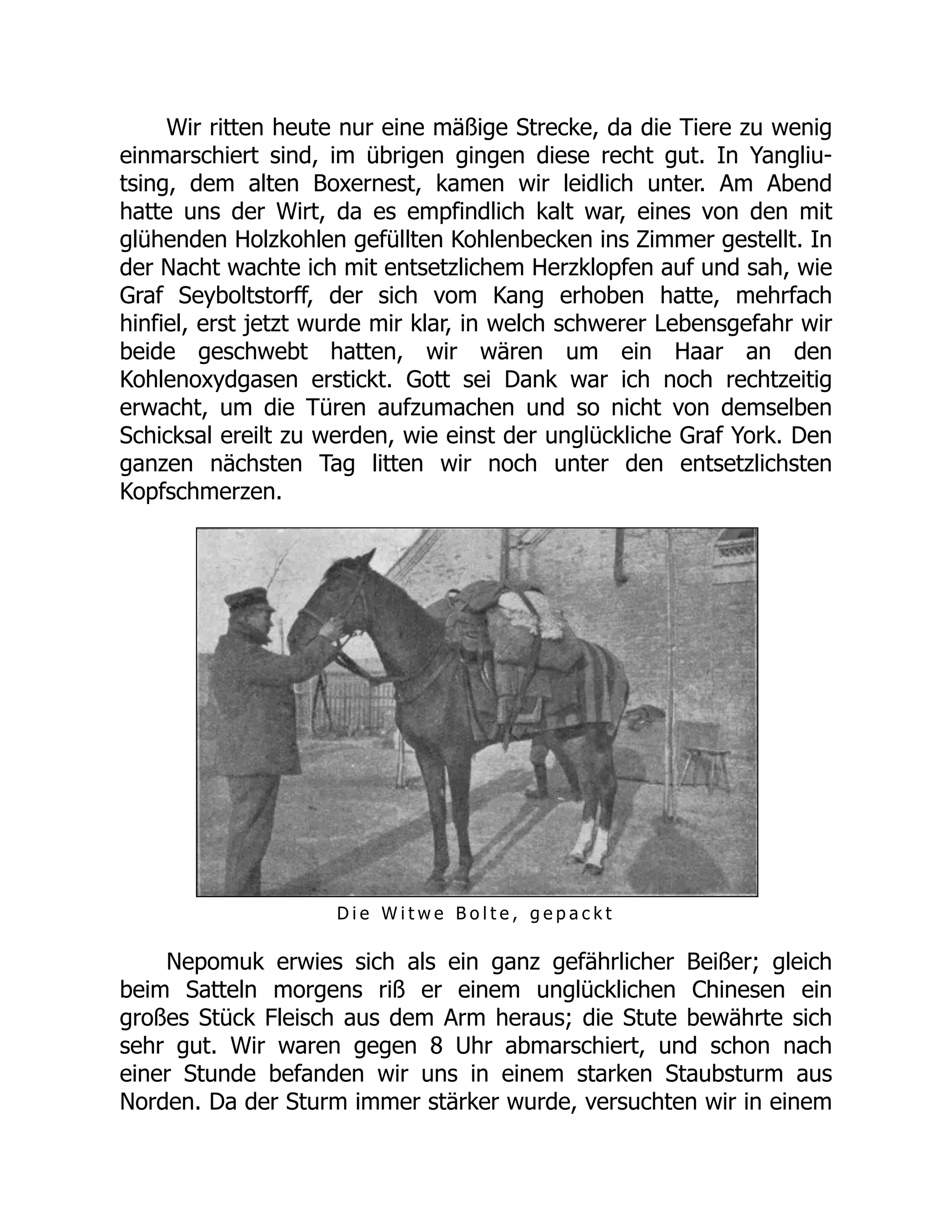 Wir ritten heute nur eine mäßige Strecke, da die Tiere zu wenig
einmarschiert sind, im übrigen gingen diese recht gut. In Yangliu-
tsing, dem alten Boxernest, kamen wir leidlich unter. Am Abend
hatte uns der Wirt, da es empfindlich kalt war, eines von den mit
glühenden Holzkohlen gefüllten Kohlenbecken ins Zimmer gestellt. In
der Nacht wachte ich mit entsetzlichem Herzklopfen auf und sah, wie
Graf Seyboltstorff, der sich vom Kang erhoben hatte, mehrfach
hinfiel, erst jetzt wurde mir klar, in welch schwerer Lebensgefahr wir
beide geschwebt hatten, wir wären um ein Haar an den
Kohlenoxydgasen erstickt. Gott sei Dank war ich noch rechtzeitig
erwacht, um die Türen aufzumachen und so nicht von demselben
Schicksal ereilt zu werden, wie einst der unglückliche Graf York. Den
ganzen nächsten Tag litten wir noch unter den entsetzlichsten
Kopfschmerzen.
D i e W i t w e B o l t e , g e p a c k t
Nepomuk erwies sich als ein ganz gefährlicher Beißer; gleich
beim Satteln morgens riß er einem unglücklichen Chinesen ein
großes Stück Fleisch aus dem Arm heraus; die Stute bewährte sich
sehr gut. Wir waren gegen 8 Uhr abmarschiert, und schon nach
einer Stunde befanden wir uns in einem starken Staubsturm aus
Norden. Da der Sturm immer stärker wurde, versuchten wir in einem
 