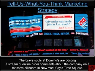 Tell-Us-What-You-Think Marketing
             Strategy




         The brave souls at Domino’s are posting
a stream of online order comments about the company on a
     massive billboard in New York City’s Time Square.
 