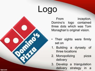 Logo
      From         inception,
  Domino’s logo contained
  three dots which was Tom
  Monaghan’s original vision.

  • Their sights were firmly
    set on
  1. Building a dynasty of
     three locations
  2. Monopolizing      pizza
     delivery
  3. Develop a triangulation
     delivery strategy in a
 