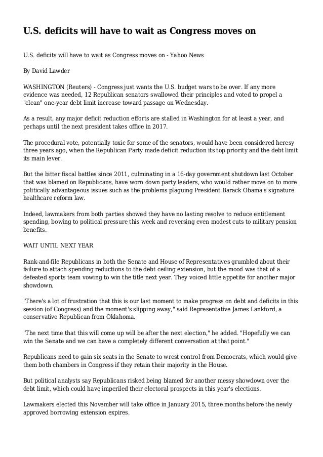 U S Deficits Will Have To Wait As Congress Moves On