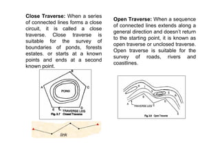 Close Traverse: When a series
of connected lines forms a close
circuit, it is called a close
traverse. Close traverse is
suitable for the survey of
boundaries of ponds, forests
estates. or starts at a known
points and ends at a second
known point.
Open Traverse: When a sequence
of connected lines extends along a
general direction and doesn’t return
to the starting point, it is known as
open traverse or unclosed traverse.
Open traverse is suitable for the
survey of roads, rivers and
coastlines.
 