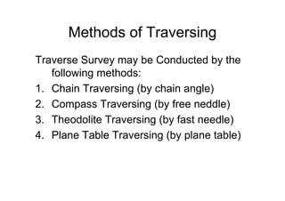 Methods of Traversing
Traverse Survey may be Conducted by the
following methods:
1. Chain Traversing (by chain angle)
2. Compass Traversing (by free neddle)
3. Theodolite Traversing (by fast needle)
4. Plane Table Traversing (by plane table)
 