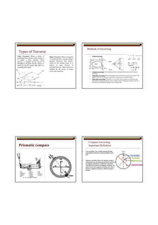 Types of Traverse
Close Traverse: When a series of
connected lines forms a close circuit, it
is called a close traverse. Close
traverse is suitable for the survey of
boundaries of ponds, forests estates. or
starts at a known points and ends at a
second known point.
Open Traverse: When a sequence
of connected lines extends along a
general direction and doesn’t
return to the starting point, it is
known as open traverse or
unclosed traverse. Open traverse is
suitable for the survey of roads,
rivers and coastlines.
Methods of traversing
Chain traversing:
Compass traversing: Fore bearings and back bearings between the traverse leg are
measured
Theodolite traversing: Horizontal angles between the traverse legs are measured. The
length of the traverse legs are measured by chain/tape or by stadia method
Plane table traversing: Plane table is set at every traverse station in clockwise and
anticlockwise direction and the circuit is finally closed. During traversing the sides of
the traverse are plotted according to any suitable scale.
15 m
15 m
Prismatic compass
Compass traversing:
Important Definition
True meridian: Line or plane passing through
geographical north pole and geographical south
pole
Magnetic meridian: When the magnetic needle is
suspended freely and balanced properly, unaffected
by magnetic substances, it indicates a direction.
This direction is known as magnetic meridian. The
angle between the magnetic meridian and a line is
known as magnetic bearing or simple bearing of
the line.
North
pole
True meridian
Magnetic meridian
True bearing
Magnetic bearing
 