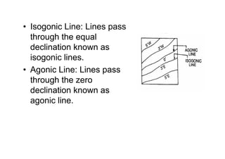 • Isogonic Line: Lines pass
through the equal
declination known as
isogonic lines.
• Agonic Line: Lines pass
through the zero
declination known as
agonic line.
 