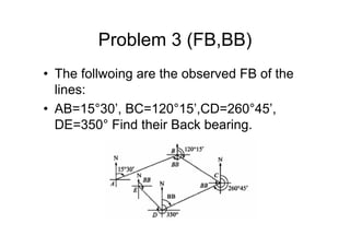 Problem 3 (FB,BB)
• The follwoing are the observed FB of the
lines:
• AB=15°30’, BC=120°15’,CD=260°45’,
DE=350° Find their Back bearing.
 