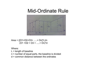 Mid-Ordinate Rule
Area = ([O1+O2+O3+ .....+ On]*L)/n
(O1 +O2 + O3 + .....+ On)*d
Where:
L = length of baseline
n = number of equal parts, the baseline is divided
d = common distance between the ordinates
 