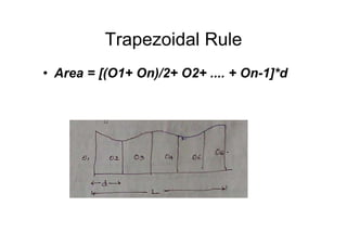 Trapezoidal Rule
• Area = [(O1+ On)/2+ O2+ .... + On-1]*d
 