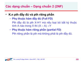 Các dạng chuẩn – Dạng chuẩn 2 (2NF)
• K.n pth đầy đủ và pth riêng phần
– Phụ thuộc hàm đầy đủ (Full FD)
Pth đầy đủ là pth XY mà nếu loại bỏ bất kỳ thuộc
tính A nào trong X thì (X – A) ↛Y
– Phụ thuộc hàm riêng phần (partial FD)
Pth riêng phần là pth mà không phải là pth đầy đủ.

Ths. Lương Thị Ngọc Khánh – Khoa CNTT – TUD – ĐH TĐT

226

 
