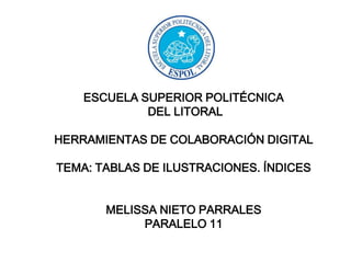 ESCUELA SUPERIOR POLITÉCNICA
DEL LITORAL

HERRAMIENTAS DE COLABORACIÓN DIGITAL
TEMA: TABLAS DE ILUSTRACIONES. ÍNDICES
MELISSA NIETO PARRALES
PARALELO 11

 