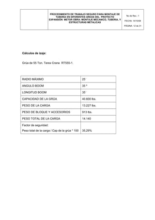 PROCEDIMIENTO DE TRABAJO SEGURO PARA MONTAJE DE
TUBERIA EN DIFERENTES AREAS DEL PROYECTO
EXPANSIÓN METOR OBRA: MONTAJE MECANICO, TUBERIA, Y
ESTRUCTURAS METALICAS
No de Rev.: 1
FECHA: 14/10/08
PÁGINA: 12 de 31
Cálculos de izaje:
Grúa de 55 Ton. Terex Crane RT555-1.
RADIO MÁXIMO 25´
ANGULO BOOM 35 º
LONGITUD BOOM 35´
CAPACIDAD DE LA GRÚA 40.600 lbs.
PESO DE LA CARGA 13.227 lbs.
PESO DE BLOQUE Y ACCESORIOS 913 lbs.
PESO TOTAL DE LA CARGA 14.140
Factor de seguridad:
Peso total de la carga / Cap de la grúa * 100 35,29%
 