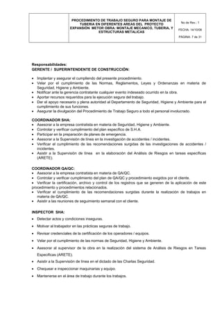 PROCEDIMIENTO DE TRABAJO SEGURO PARA MONTAJE DE
TUBERIA EN DIFERENTES AREAS DEL PROYECTO
EXPANSIÓN METOR OBRA: MONTAJE MECANICO, TUBERIA, Y
ESTRUCTURAS METALICAS
No de Rev.: 1
FECHA: 14/10/08
PÁGINA: 7 de 31
Responsabilidades:
GERENTE / SUPERINTENDENTE DE CONSTRUCCIÓN:
• Implantar y asegurar el cumpliendo del presente procedimiento.
• Velar por el cumplimiento de las Normas, Reglamentos, Leyes y Ordenanzas en materia de
Seguridad, Higiene y Ambiente.
• Notificar ante la gerencia contratante cualquier evento indeseado ocurrido en la obra.
• Aportar recursos requeridos para la ejecución segura del trabajo.
• Dar el apoyo necesario y plena autoridad al Departamento de Seguridad, Higiene y Ambiente para el
cumplimiento de sus funciones.
• Asegurar la divulgación del Procedimiento de Trabajo Seguro a todo el personal involucrado.
COORDINADOR SHA:
• Asesorar a la empresa contratista en materia de Seguridad, Higiene y Ambiente.
• Controlar y verificar cumplimiento del plan específico de S.H.A.
• Participar en la preparación de planes de emergencia.
• Asesorar a la Supervisión de línea en la investigación de accidentes / incidentes.
• Verificar el cumplimiento de las recomendaciones surgidas de las investigaciones de accidentes /
incidentes.
• Asistir a la Supervisión de línea en la elaboración del Análisis de Riesgos en tareas específicas
(ARETE).
COORDINADOR QA/QC:
• Asesorar a la empresa contratista en materia de QA/QC.
• Controlar y verificar cumplimiento del plan de QA/QC y procedimiento exigidos por el cliente.
• Verificar la certificación, archivo y control de los registros que se generen de la aplicación de este
procedimiento y procedimientos relacionados.
• Verificar el cumplimiento de las recomendaciones surgidas durante la realización de trabajos en
materia de QA/QC.
• Asistir a las reuniones de seguimiento semanal con el cliente.
INSPECTOR SHA:
• Detectar actos y condiciones inseguras.
• Motivar al trabajador en las prácticas seguras de trabajo.
• Revisar credenciales de la certificación de los operadores / equipos.
• Velar por el cumplimiento de las normas de Seguridad, Higiene y Ambiente.
• Asesorar al supervisor de la obra en la realización del sistema de Análisis de Riesgos en Tareas
Especificas (ARETE).
• Asistir a la Supervisión de línea en el dictado de las Charlas Seguridad.
• Chequear e inspeccionar maquinarias y equipo.
• Mantenerse en el área de trabajo durante los trabajos.
 