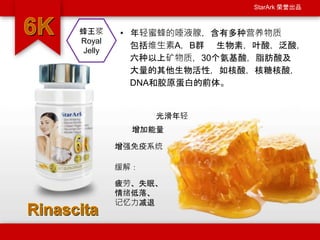 StarArk 荣誉出品
• 年轻蜜蜂的唾液腺，含有多种营养物质
包括维生素A，B群 生物素，叶酸，泛酸，
六种以上矿物质，30个氨基酸，脂肪酸及
大量的其他生物活性，如核酸，核糖核酸，
DNA和胶原蛋白的前体。
光滑年轻
增加能量
缓解：
疲劳、失眠、
情绪低落、
记忆力减退
增强免疫系统
蜂王浆
Royal
Jelly
 