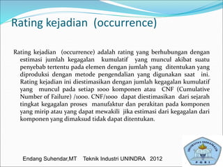 Rating kejadian (occurrence)
Rating kejadian (occurrence) adalah rating yang berhubungan dengan
estimasi jumlah kegagalan kumulatif yang muncul akibat suatu
penyebab tertentu pada elemen dengan jumlah yang ditentukan yang
diproduksi dengan metode pengendalian yang digunakan saat ini.
Rating kejadian ini diestimasikan dengan jumlah kegagalan kumulatif
yang muncul pada setiap 1000 komponen atau CNF (Cumulative
Number of Failure) /1000. CNF/1000 dapat diestimasikan dari sejarah
tingkat kegagalan proses manufaktur dan perakitan pada komponen
yang mirip atau yang dapat mewakili jika estimasi dari kegagalan dari
komponen yang dimaksud tidak dapat ditentukan.
Endang Suhendar,MT Teknik Industri UNINDRA 2012
 