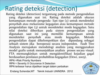 Rating deteksi (detection)
Rating deteksi (detection) tergantung pada metode pengendalian
yang digunakan saat ini. Rating deteksi adalah ukuran
kemampuan metode pengenda- lian tipe (2) untuk mendeteksi
penyebab atau mekanisme kegagalan atau kemampuan metode
pengendalian tipe (3) untuk mendeteksi mode kegagalan. Satu
nilai deteksi diberikan pada sistem pengendalian yang
digunakan saat ini yang memiliki kemampuan untuk
mendeteksi penyebab atau mode kegagalan. Metode
pengendalian dapat dikelompokkan dan dipandang sebagai
sebuah sistem jika beroperasi secara independen. Fault Tree
Analysis merupakan metodologi analisis yang menggunakan
model grafis untuk menunjukkan analisis proses secara visual.
FTA memungkinkan untuk mengidentifikasi kejadian gagal
berdasarkan penilaian probabilitas kegagalan (Dewi, 2005).
RPN =Risk Priority Numbers
RPN = Severity X Occurance X Detection
RPN terbesar harus dijadikan target dalam perbaikan
Endang Suhendar,MT Teknik Industri UNINDRA 2012
 