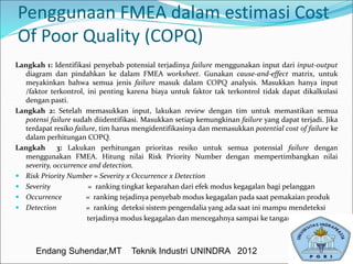 Penggunaan FMEA dalam estimasi Cost
Of Poor Quality (COPQ)
Langkah 1: Identifikasi penyebab potensial terjadinya failure menggunakan input dari input-output
diagram dan pindahkan ke dalam FMEA worksheet. Gunakan cause-and-effect matrix, untuk
meyakinkan bahwa semua jenis failure masuk dalam COPQ analysis. Masukkan hanya input
/faktor terkontrol, ini penting karena biaya untuk faktor tak terkontrol tidak dapat dikalkulasi
dengan pasti.
Langkah 2: Setelah memasukkan input, lakukan review dengan tim untuk memastikan semua
potensi failure sudah diidentifikasi. Masukkan setiap kemungkinan failure yang dapat terjadi. Jika
terdapat resiko failure, tim harus mengidentifikasinya dan memasukkan potential cost of failure ke
dalam perhitungan COPQ.
Langkah 3: Lakukan perhitungan prioritas resiko untuk semua potensial failure dengan
menggunakan FMEA. Hitung nilai Risk Priority Number dengan mempertimbangkan nilai
severity, occurrence and detection.
 Risk Priority Number = Severity x Occurrence x Detection
 Severity = ranking tingkat keparahan dari efek modus kegagalan bagi pelanggan
 Occurrence = ranking tejadinya penyebab modus kegagalan pada saat pemakaian produk
 Detection = ranking deteksi sistem pengendalia yang ada saat ini mampu mendeteksi
terjadinya modus kegagalan dan mencegahnya sampai ke tangan pelanggan
Endang Suhendar,MT Teknik Industri UNINDRA 2012
 